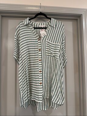 Jane and Delancey Green and White Striped Button-Down Shirt